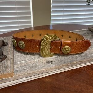 Linea Pelle Brown Leather Belt with Gold-Tone Buckle and Medallions